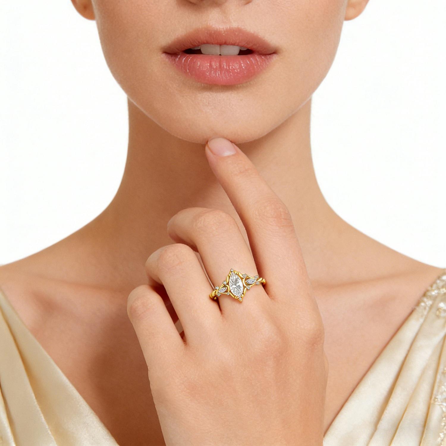 Delzzad 14k Gold-Plated 1ct Vintage Marquise Cut Engagement Ring Synthetic Moissanite Ring Jewelry S925 Perfect Birthday Engagement Wedding Anniversary Christmas Gift