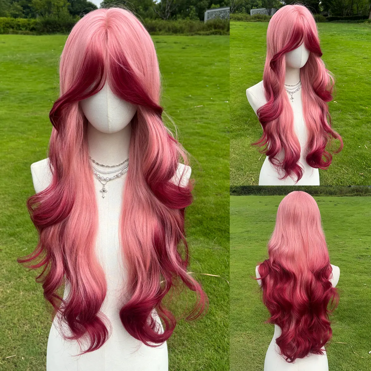 Smilco 28Inch Honey Blonde Copper Red Ombre Long Wavy Synthetic Wig with Curtain Bangs, Layered Costume Wig for Women, Daily Party Cosplay Hair SM577-4