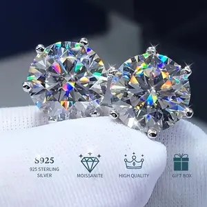 0.5ct/1ct/2ct  925 Silver Earrings Stud, six claw inlaid moissanite Diamond earring, light luxury and simple ear buckle,E001