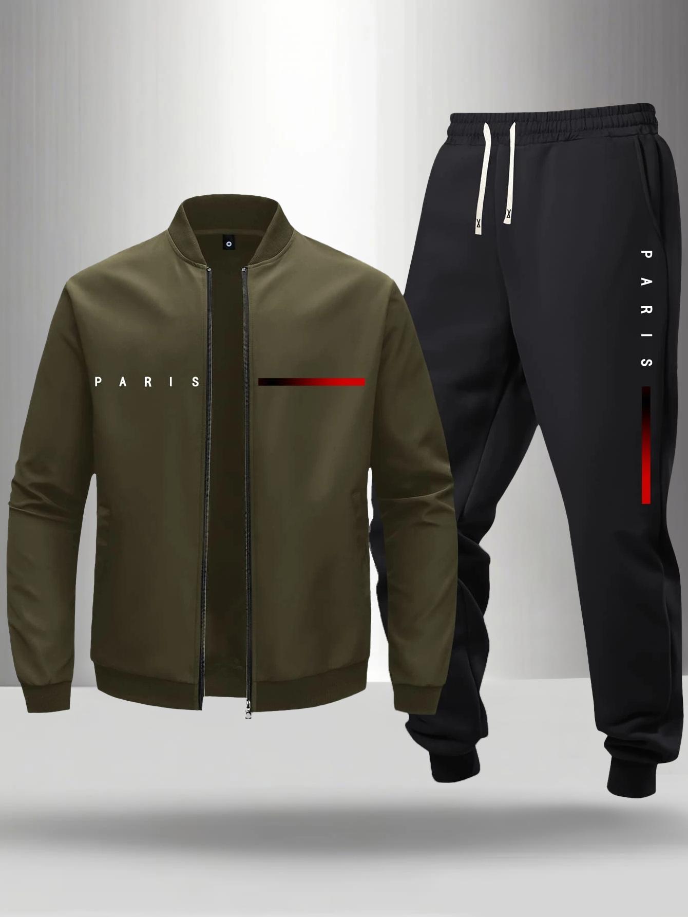 Men's Paris letter pattern colorful striped print bomber jacket with elastic waistband jogger pants two-piece set suitable for spring and autumn casual outdoor daily wear