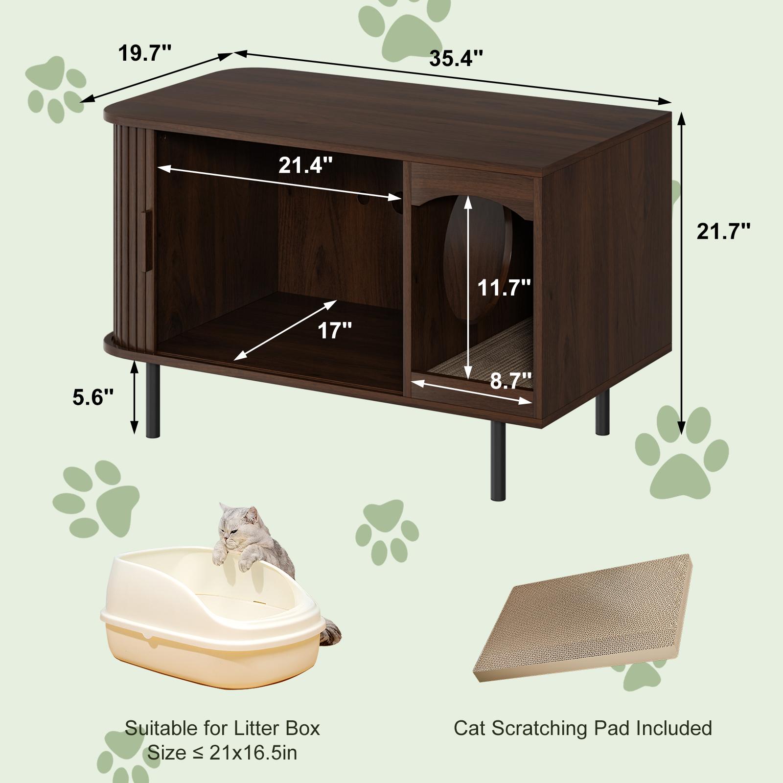 Fluted Hidden Cat Litter Box Enclosure – Modern Wood Furniture with Scratching Pad, Large Indoor Cat House Cabinet Side/End Table for Living Room & Entryway