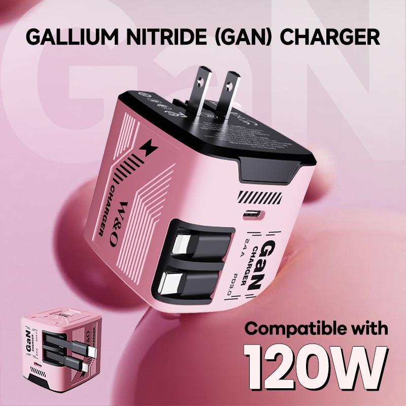 Upgraded 3-in-1 GaN Charger Compatible with 120W Fast Charging | 1.2m Retractable Lightning & Type-C Cables + Extra Type-C Port | Foldable Plug | Universal Multi-Device Travel Adapter for iPhone, Samsung, iPad