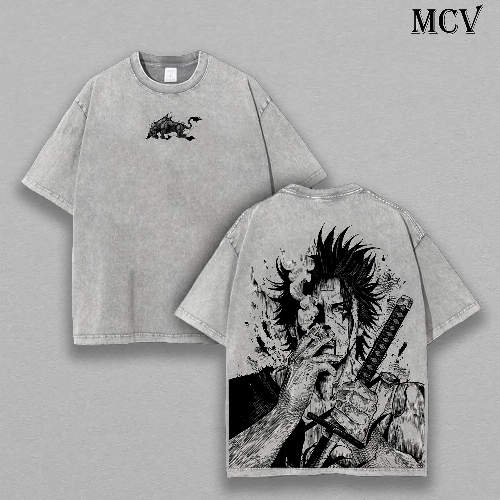 Yami Sukehiro x Black Bulls Black Clover Anime Double Printed Vintage Washed Tee Unisex Oversize Heavyweight Cotton T-shirt for Anime Fans and Love. Oversized Apparel