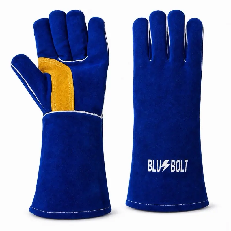 Blu-Bolt Heavy-Duty Leather Welding & BBQ Gloves – Heat Resistant, Reinforced Palm, Long Cuff for Welding, Grilling & Fireplace
