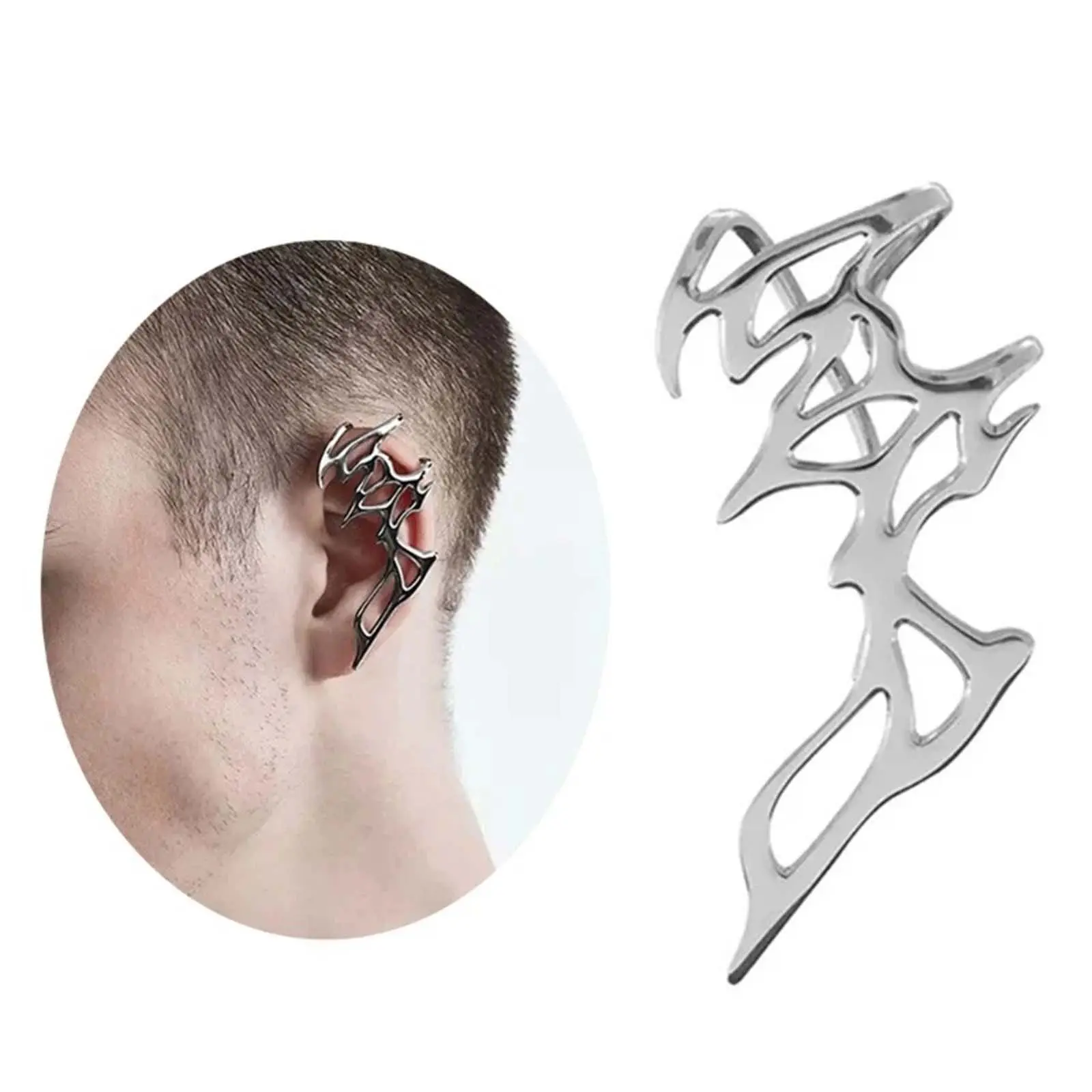Unisex Cyberpunk Abstract Clip-On Earrings Set - Non-Piercing Industrial-Edge Mechanical Metal Cuffs, Asymmetrical Artificial Gemstone Fashion Stylish Jewelry, 1-Size Lightweight Durable for Daily Wear