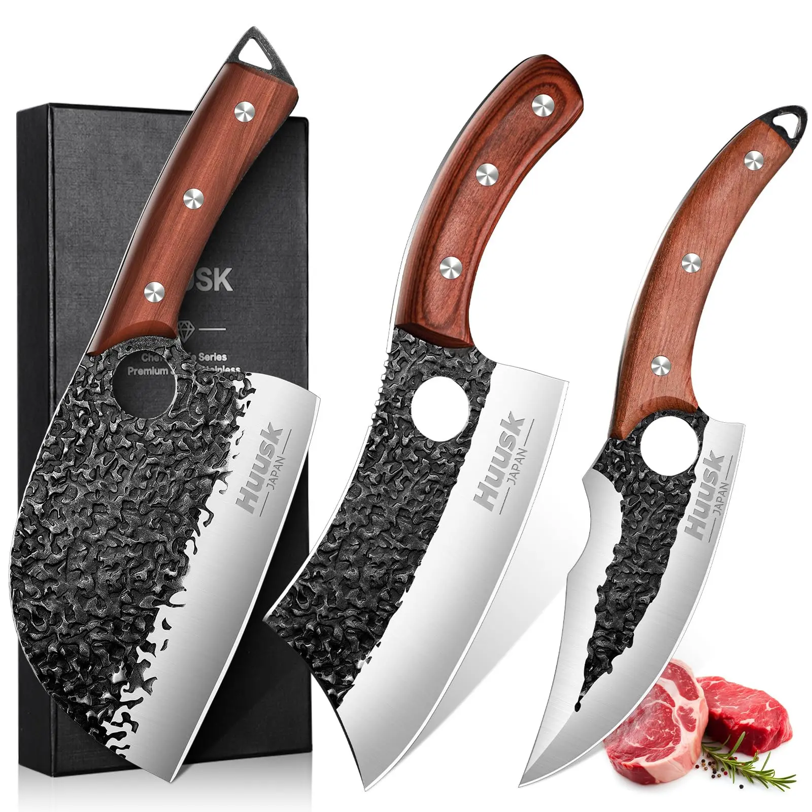 【Deals for You】Huusk Hand Forged Butcher Knife Set – 3PCS High Carbon Steel Kitchen Knives with Rosewood Handles for Meat, Bone & BBQ Cutting – Professional Chef Gift for Christmas