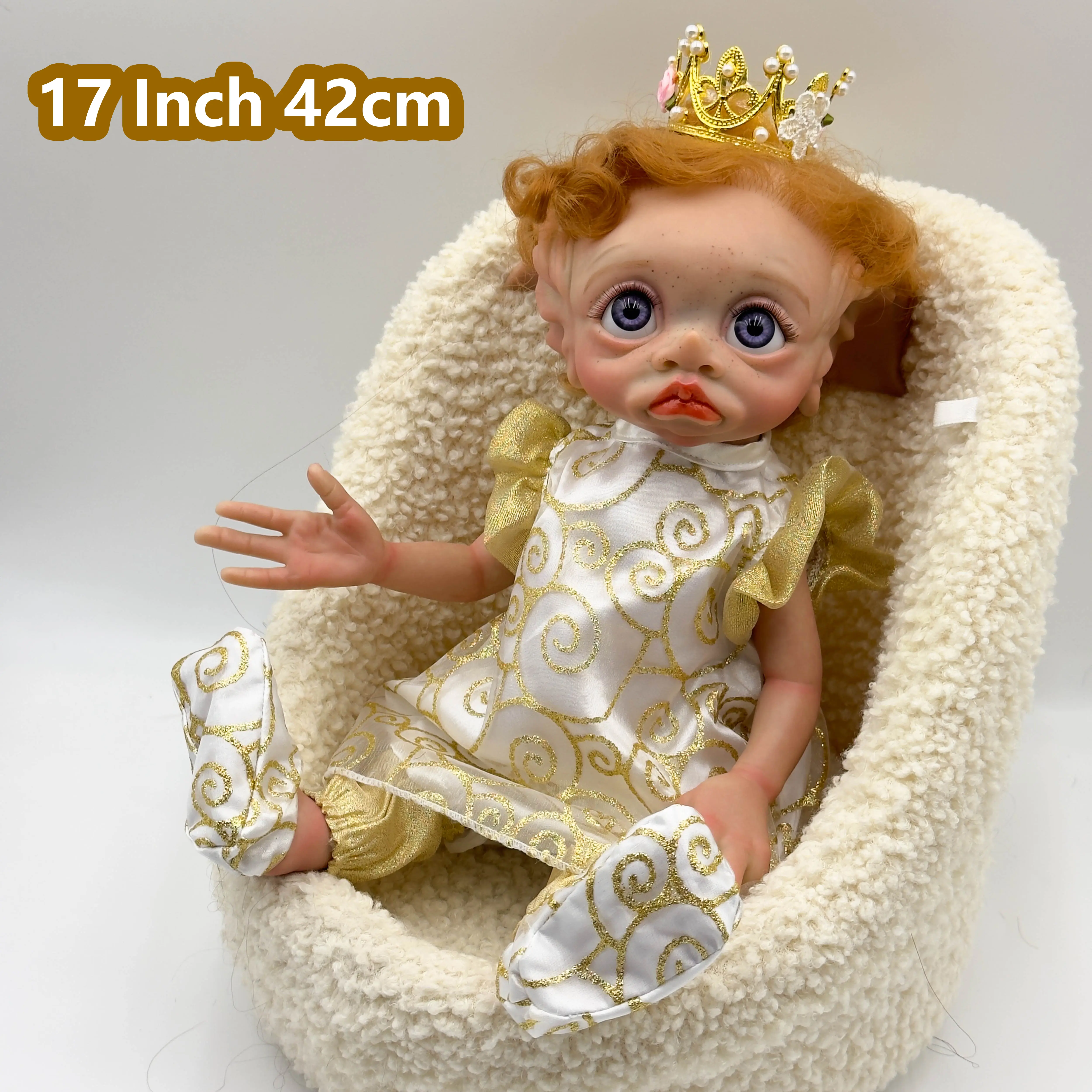 TINKY 17in Freckled Elf Collectible Doll - Crimson Hair, Amethyst Eyes, Gold-Embroidered Gown, Soft Vinyl with Detachable Limbs, Halloween Set with Accessories, Girl Doll Kit, Decor Item, Collectible Dolls