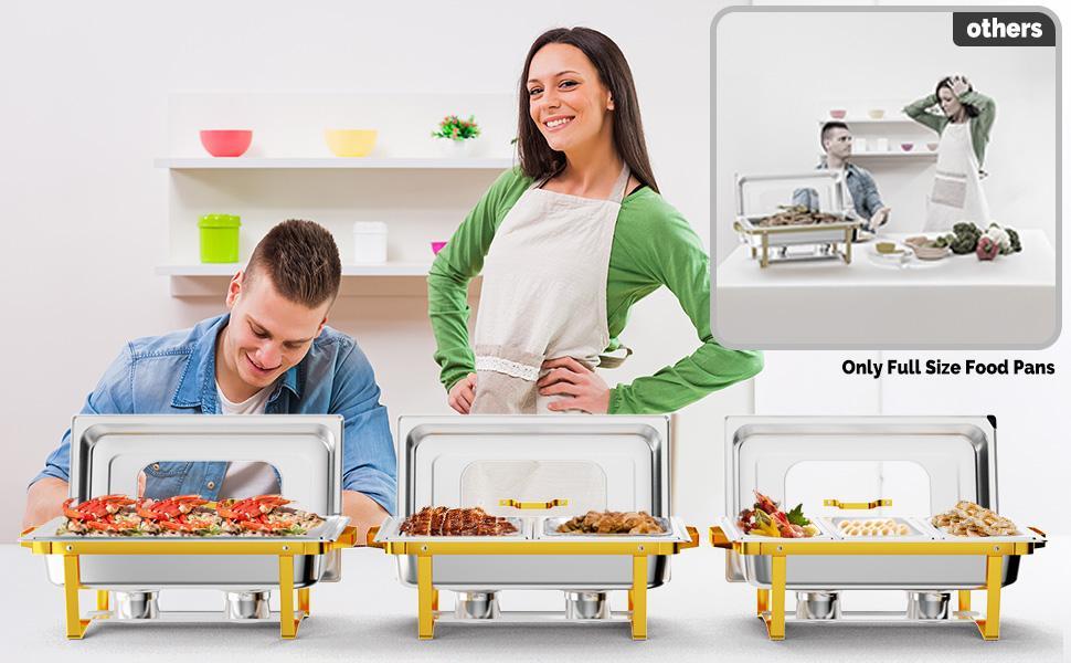 ROVSUN Chafing Dishes for Buffet 4 Pack, 9QT Chafing Dish with Multiple Food Pans Combo,Stainless Steel Buffet Servers and Warmers with Glass Lid & Folding Frame for Parties Weddings, Gold & Silver SpringStatements