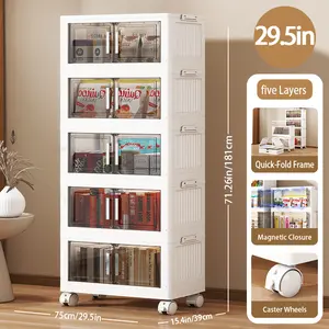 3-Tier/4-Tier/5-Tier Heavy-Duty Plastic Foldable Storage Cabinet with Lids - Extra-Large Collapsible Shelving Unit, Stackable Bins on Wheels, Door-Fit for Closet, Bedroom, Office & Kitchen Organizer (Space-Saving) - Suitable for Large