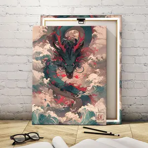 Wooden Framed Canvas Painting, Japanese Ukiyo-e Dragon Pattern Wall Art, Modern Art for Home Living Room Bedroom Decor, Ideal Gift, Ornaments