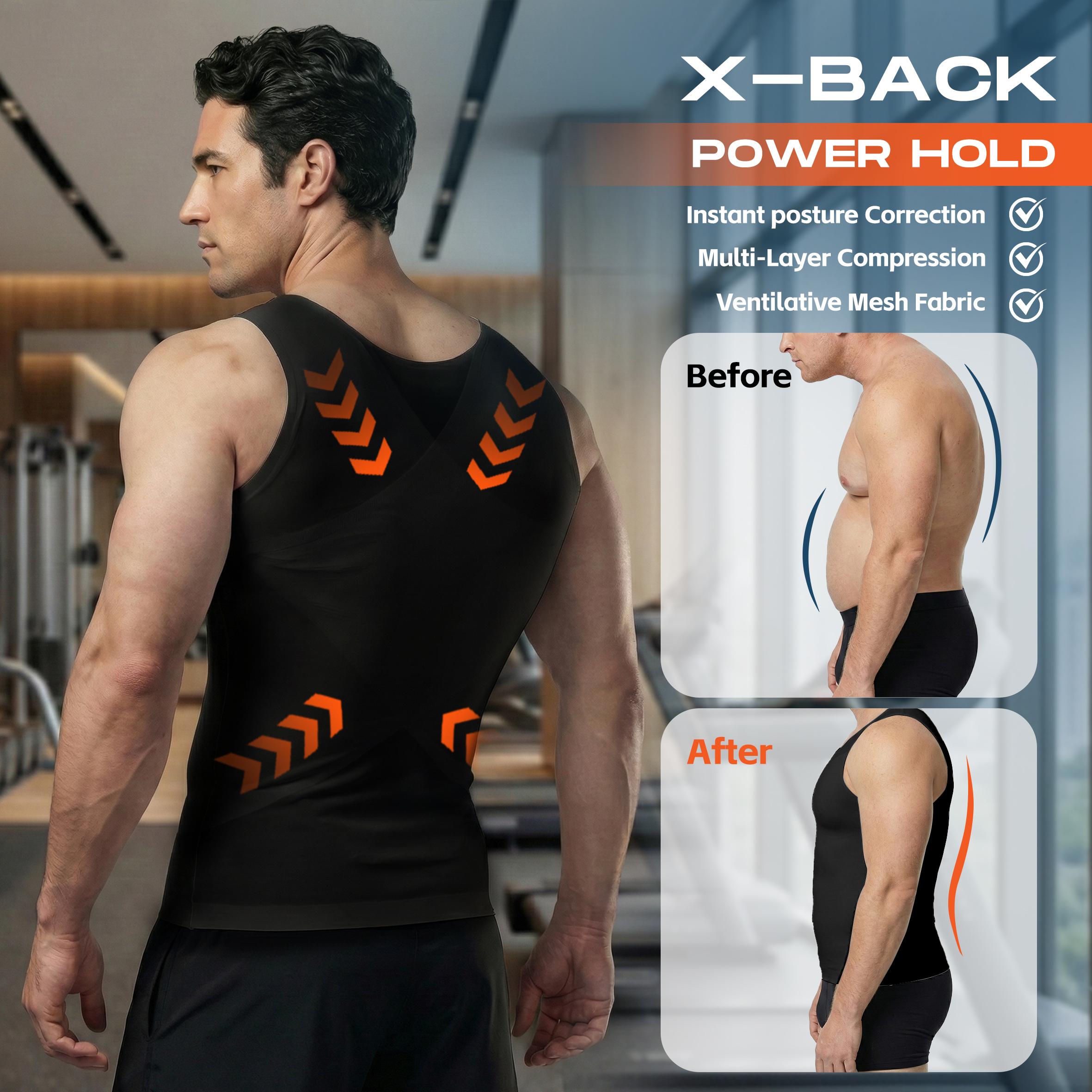 【ruflum】Men Compression Shapewear Tank Top Seamless Undershirts Bionic Targeted Tummy Control Eliminate Gynecomastia X-Shape Back Stretch Posture Correction Breathable Mesh Fabric Basic Menswear for Special Events Business Dating Sports Gym, Holiday Gift