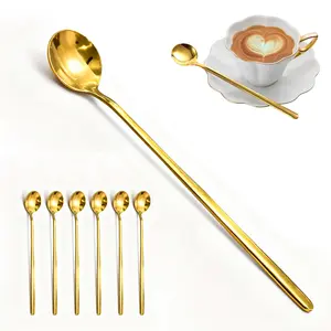 6 PCS Coffee/ Tea Spoons Long Handle, Stainless Steel Cutlery Set, Espresso Stainless Steel Long Spoons, Dishwasher Safe, Ideal for Stirring Coffee, Enjoying Desserts, or Afternoon Tea, Gold