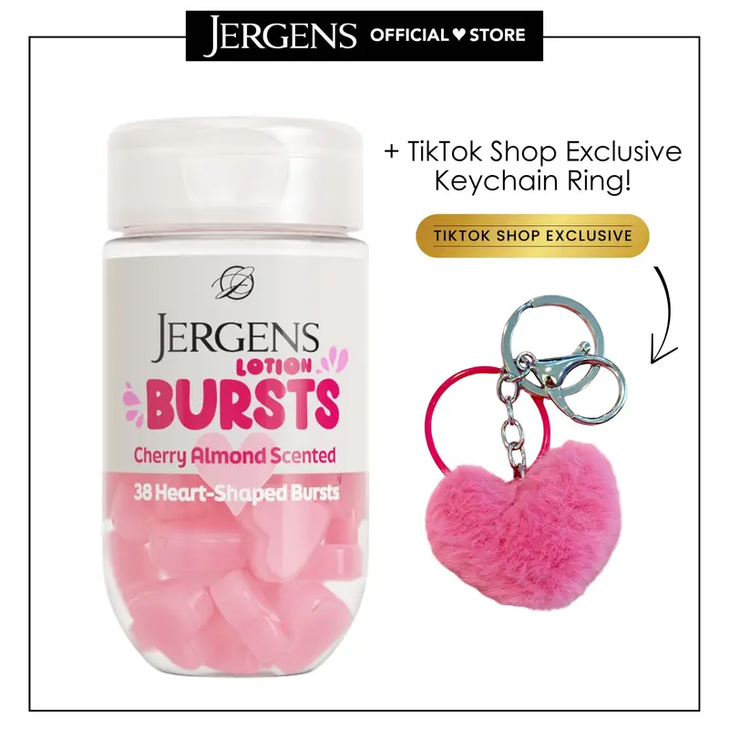 Jergens Lotion Bursts - 38 Heart or Star Shaped Bursts in Cherry Almond Hearts or Lavender Stars plus TikTok Shop Exclusive Keychains