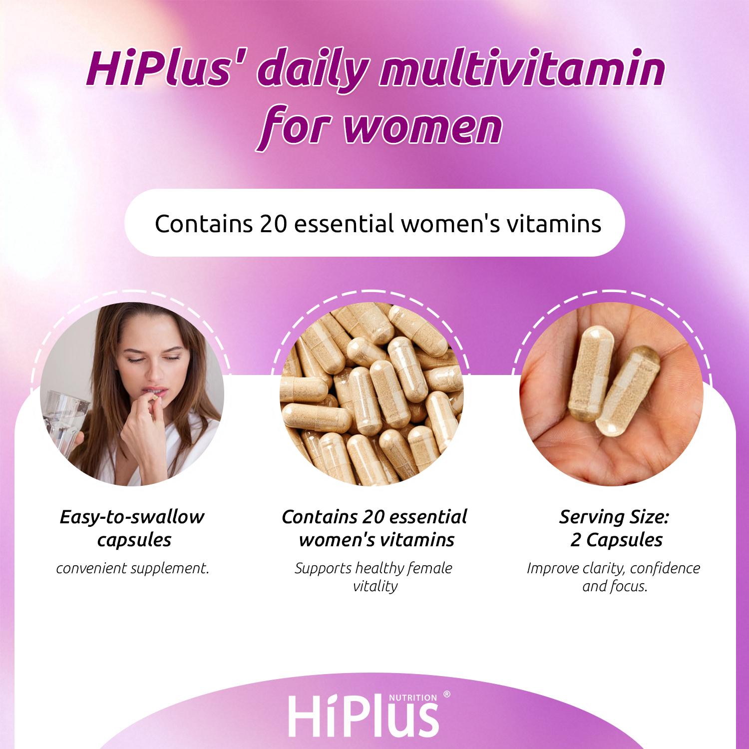 HiPlus Women's Multivitamin - Daily Multivitamin and Multivitamin with Vitamins A, C, D, E, B12, Zinc and More - Vitamins for Energy, Focus and Women's Health - 90 Capsules