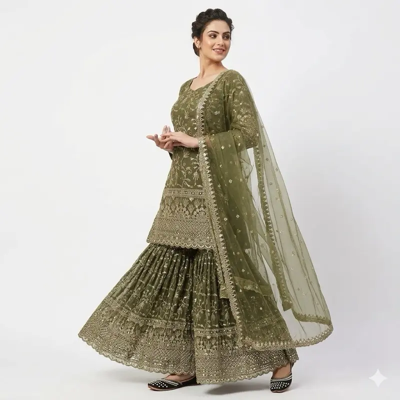 Women's Modest Full Cover Sharara Suit, Olive Green Festive Wear with Intricate Floral Embroidery, Sequin Accents, Instant Hijab Look, Original Modest Fashion Clothing