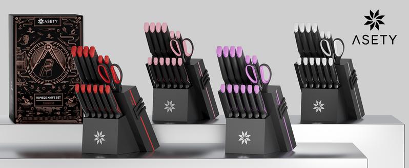 ASETY 15PCS Cyberpunk Knife Set from Future Kitchen Knife Set with Built-in Knife Sharpener Block, Stainless Steel Knife Block Set, Dishwasher Safe Mordern Knife Set, Elegant Box for gift Lightweight Sturdy