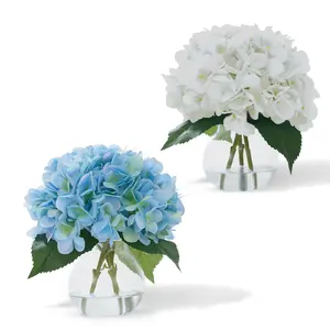 Garvee Pack of 2 artificial hydrangea flowers in a glass vase with synthetic water, fake hydrangeas, imitation floral arrangements for home office, centerpiece, bathroom, decoration