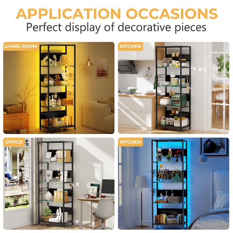 4-Tier Glass Display Shelf with RGB Lights, LED Lighted Curio Cabinet with Adjustable Storage Box & Hooks, Metal Frame Standing Shelf for Collectibles, Plants, Books, Living Room, Bedroom, Office