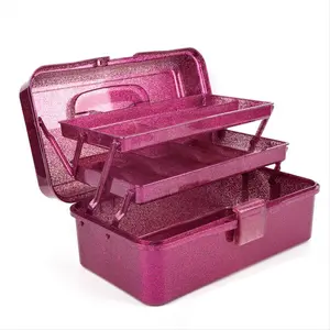 Glitter Pink & Craft Tool Storage Box,3-Layer Stackable Carry Tackle Box Sewing Box Organizer for Art