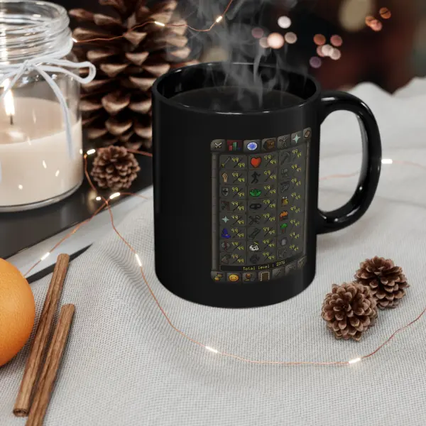 Old School RuneScape Maxed Skills Graphic Mug, OSRS 99 Stats Panel Coffee Cup, Retro MMORPG Gamer Gift, Black Ceramic Mug