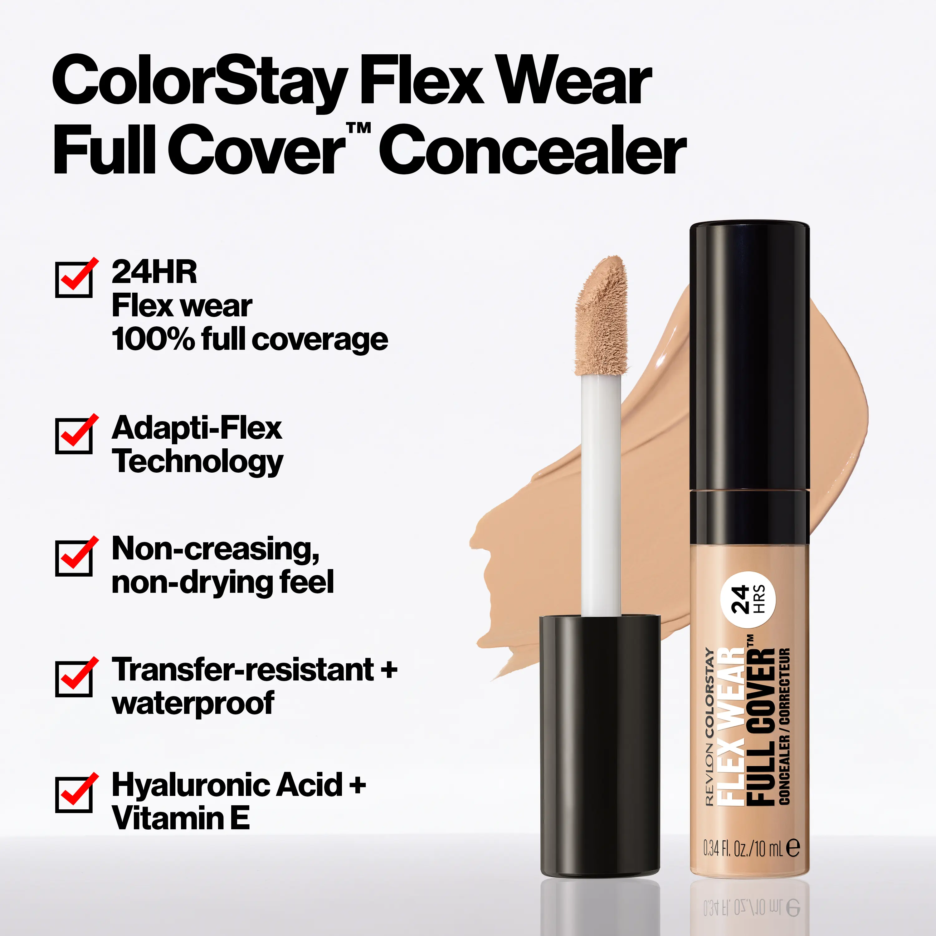 Revlon ColorStay Flex Wear, Full Cover Non-Creasing Concealer, Infused with Hyaluronic Acid & Vitamin E, Flexible Longwear