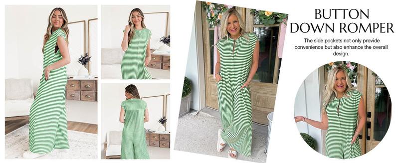 Imily Bela Womens Casual Striped Jumpsuits Summer Cap Sleeve Wide Leg Jumper Romper Button Down Travel Beach Outfits