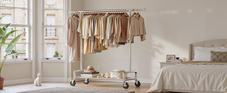 Raybee Furniture Clothes Rack for Hanging Clothing Rack with Hooks, Extendable & Height Adjustable Coat Rack, Heavy Duty Clothes Racks Holds Up to 440LBS, Portable Rolling Garment Rack with Lockable Wheels & 4 Hooks, Chrome【Gift Ideas】