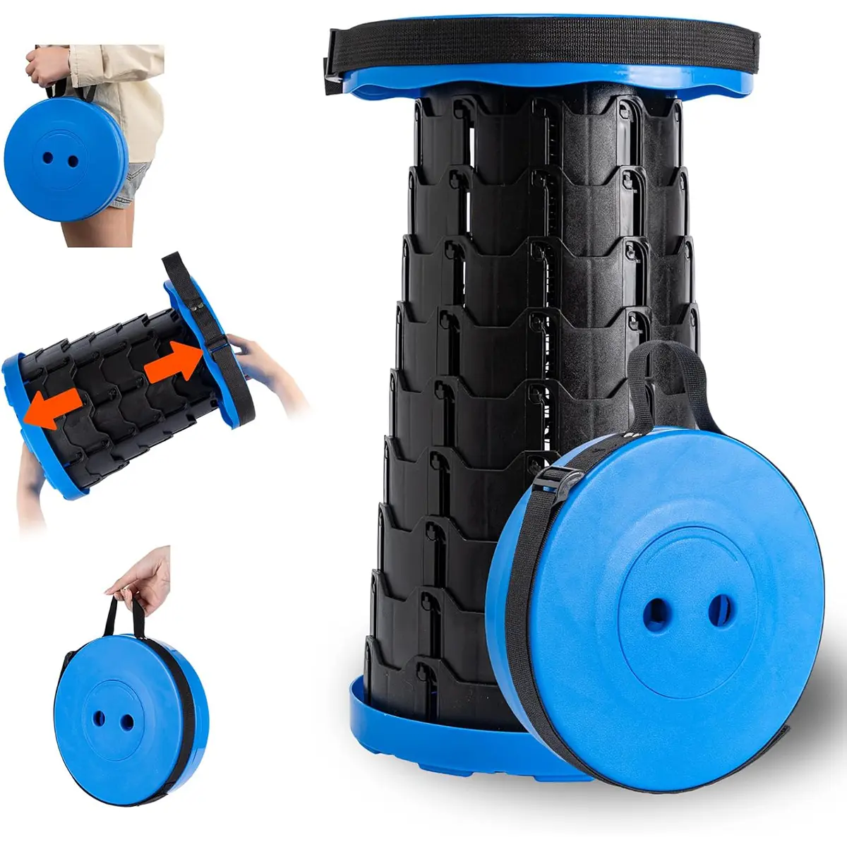 Portable and extendable folding stool, lightweight, small footprint, capable of bearing up to 300 pounds, suitable for outdoor fishing, hiking, barbecuing, camping, gardening, and hiking