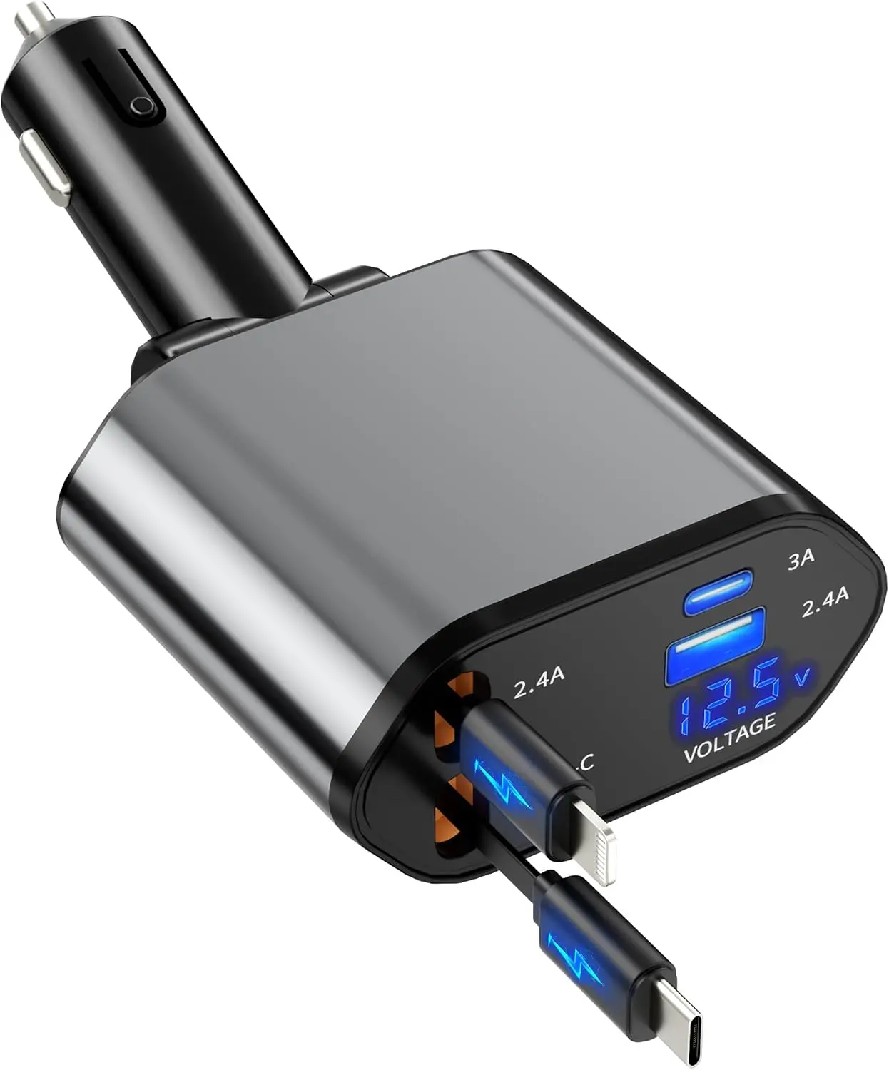 Compact Retractable Car Charger - 4-in-1 Fast Charging Vehicle Power Adapter, USB-C/A Compatible with iPhone 17/16/15/14/13/12/11/X, Galaxy, Pixel for Car Travel