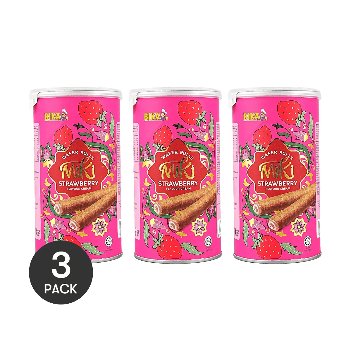 3 Pack BIKA Malaysian Strawberry Cream Wafer Rolls 3.17 oz Each - Crispy Sweet Snack