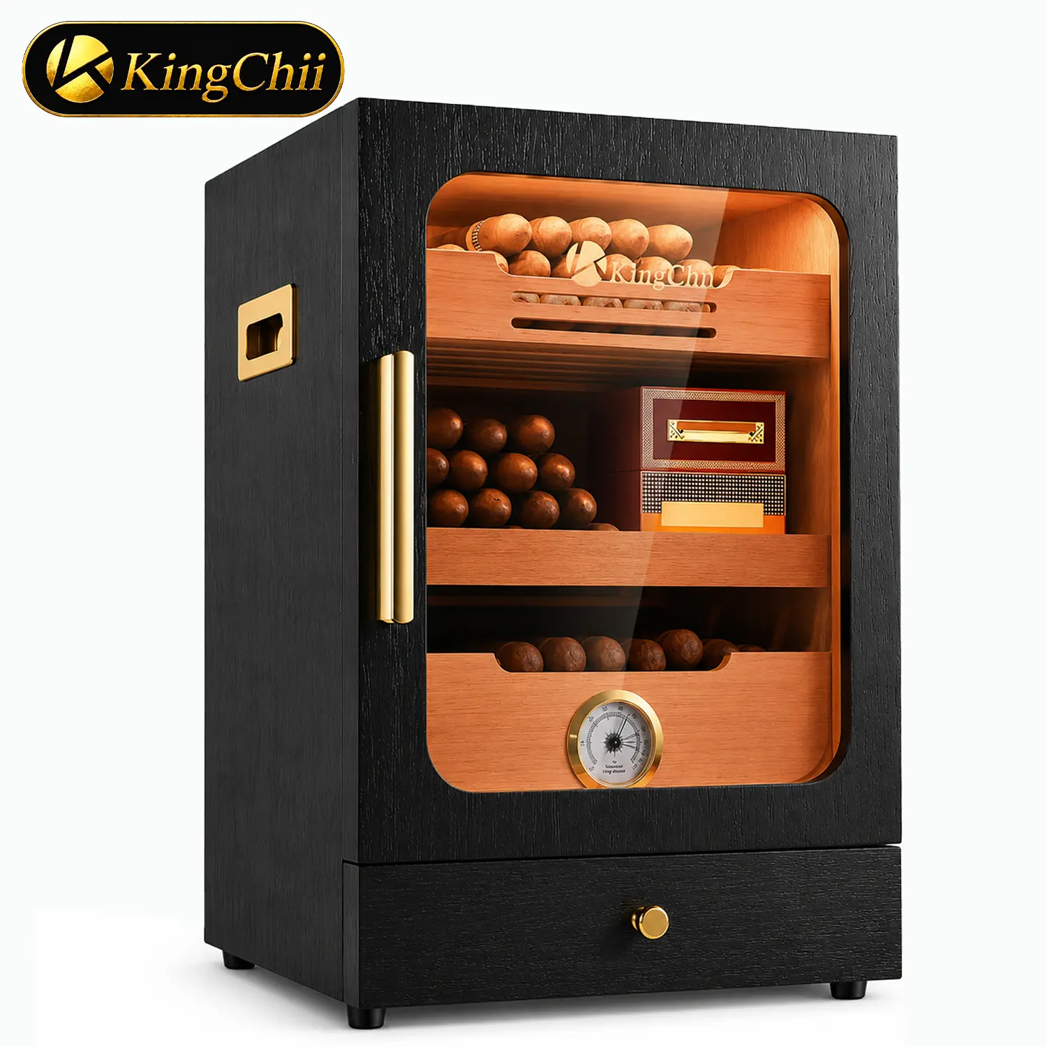 KINGCHII Premium Wood Humidor Cabinet with Light Control System, Spanish Cedar Shelving Display Case, 100 Capacity