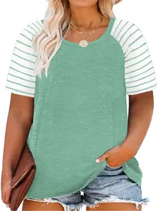 Women's Plus Size Polyester Striped Raglan Crew Neck Short Sleeve Loose-Fitting Casual Tunic Tee 1005 outdoorfun