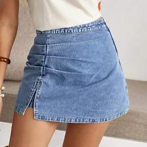 2026 European and American style solid color ruffled slit casual denim A-line skirt for summer.
