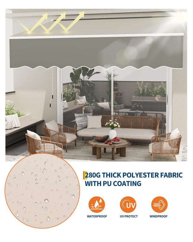 GAOMON 13 ft x10 ft Manual Retractable Awning, Waterproof Sun Shade Patio Awning, Heavy Duty Aluminum Frame, 280 g Polyester Fabric, Adjustable Roll Out Awning for House, for Deck, Porch, Beige