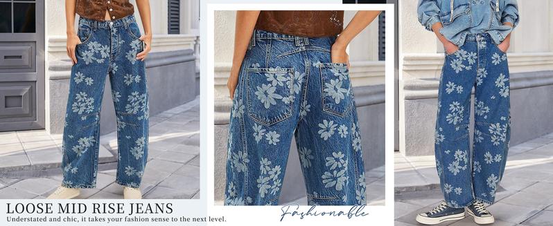 Chouyatou Women's Simple Floral Jeans Y2K Loose Wide-Leg Jeans Boyfriend Style Printed Stitching Jeans