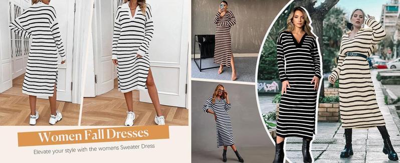 Imily Bela Womens Striped Summer Dresses Short Sleeve V Neck Knit Collared Sexy Slit Loose Maxi Sweater Dress