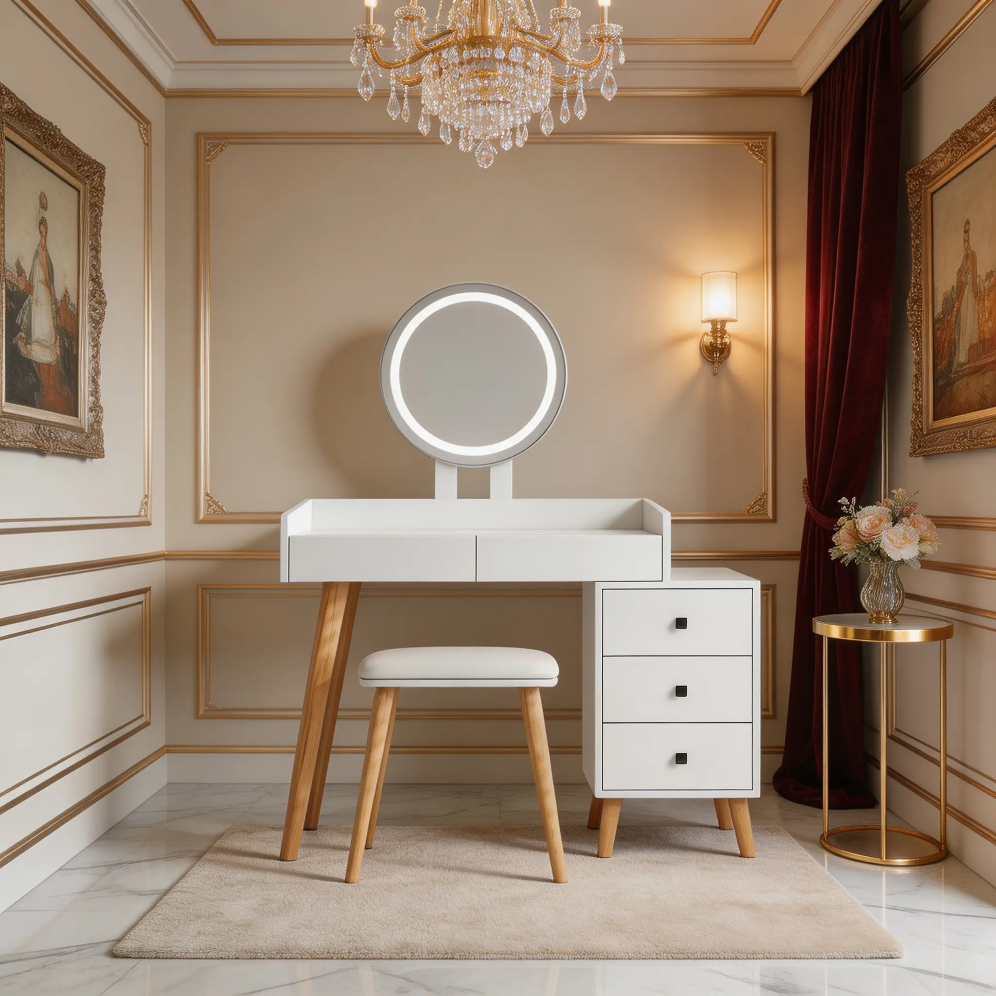 Dressing Table with LED Lighted Mirror & Glass Top, Extendable Side Table, 5 Drawers & Stool, for Bedroom