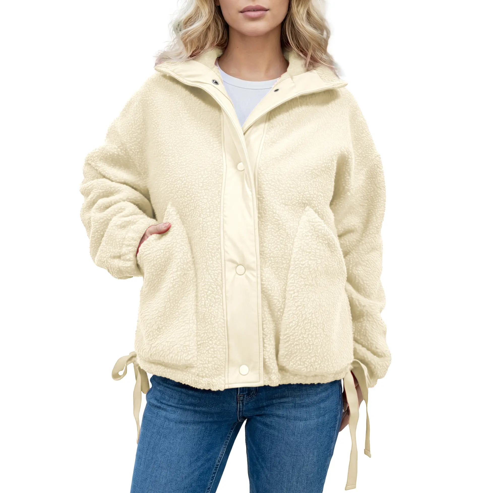 Songling Sherpa Jacket Women Casual Long Sleeve Button Down Sherpa Jacket Fall Lace-up Fleece Jackets Outerwear with Pockets