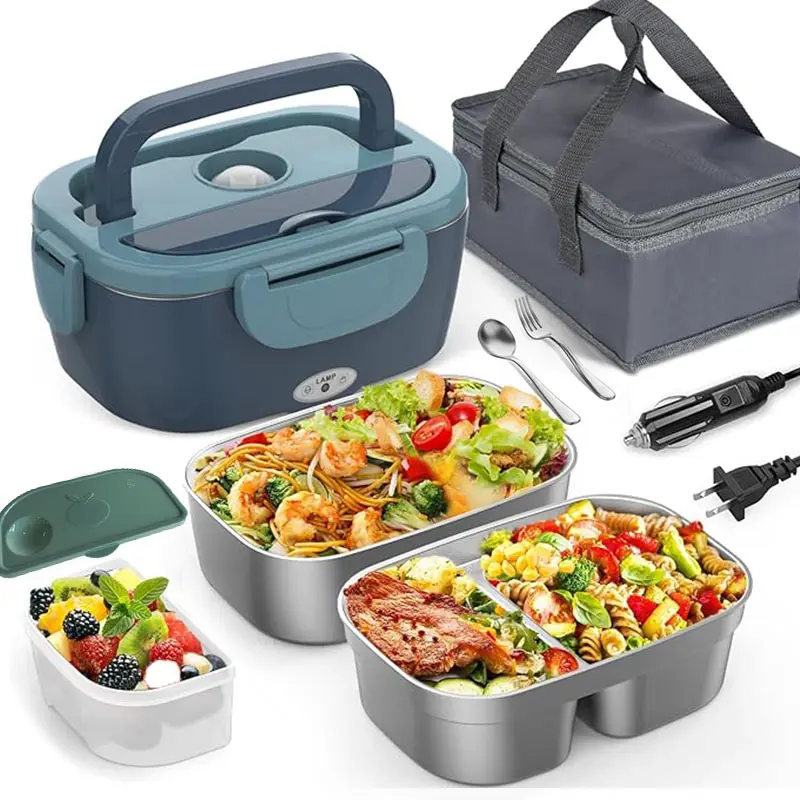 Portable Electric Plug-in Lunch Box Food Heater with Insulated Bag - 80W 3-in-1 1.5L/50oz Double Leak-Proof 304 Stainless Steel Warmer, 12V/24V/110V, 2 Containers, 1-Touch Heat, Fork Tableware Set, for Camping, Adults, Father's Day Gifts, Lunch Bag