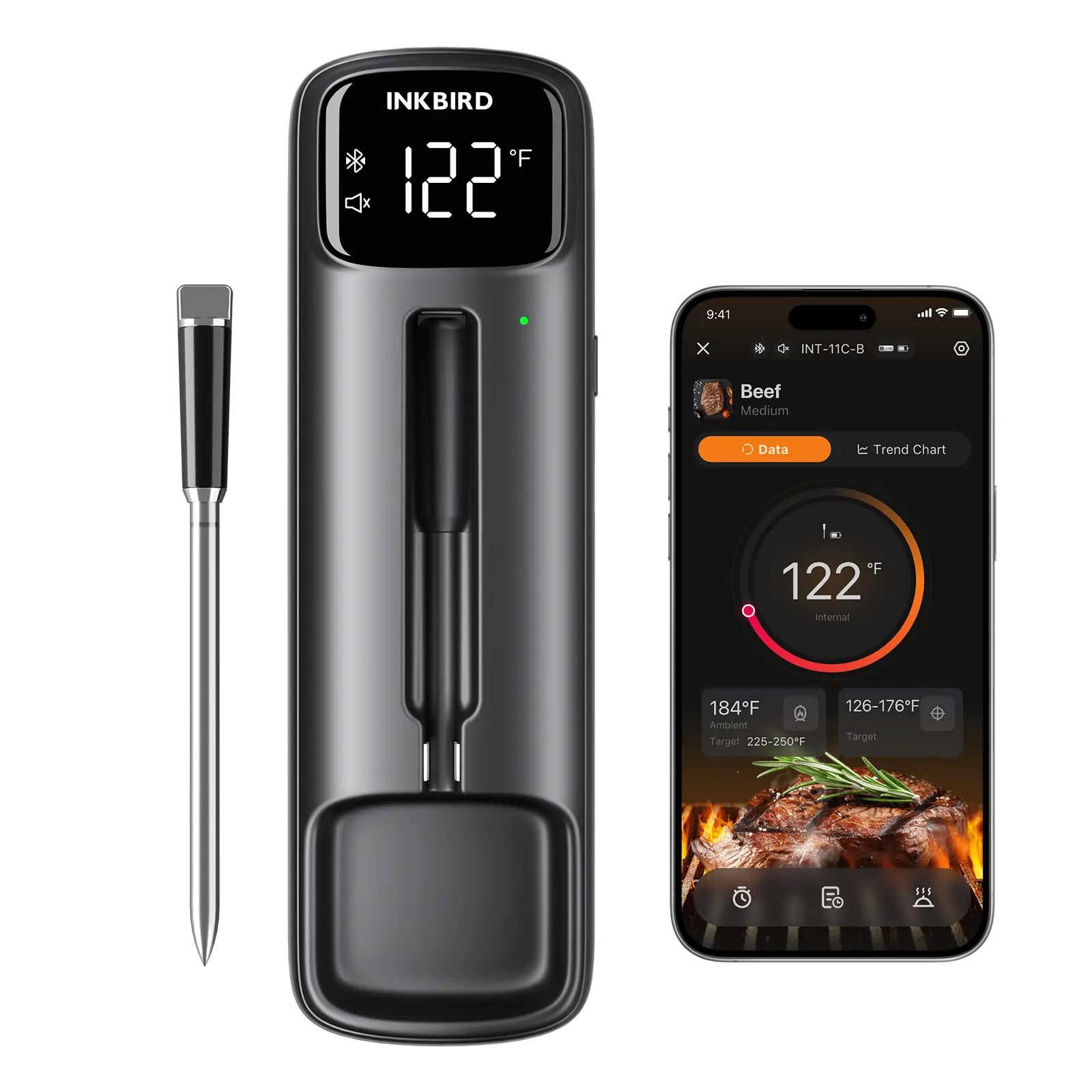 INKBIRD INT-11C-B Wireless Dual-Sensor Meat Thermometer - Kitchen Gadgets, Barbecue Utensils, Food Temperature Probe, Long-Distance Bluetooth Connection, High-Accuracy Measurement, High-Low Temp Alarms, App Calibration, Bluetooth Sync