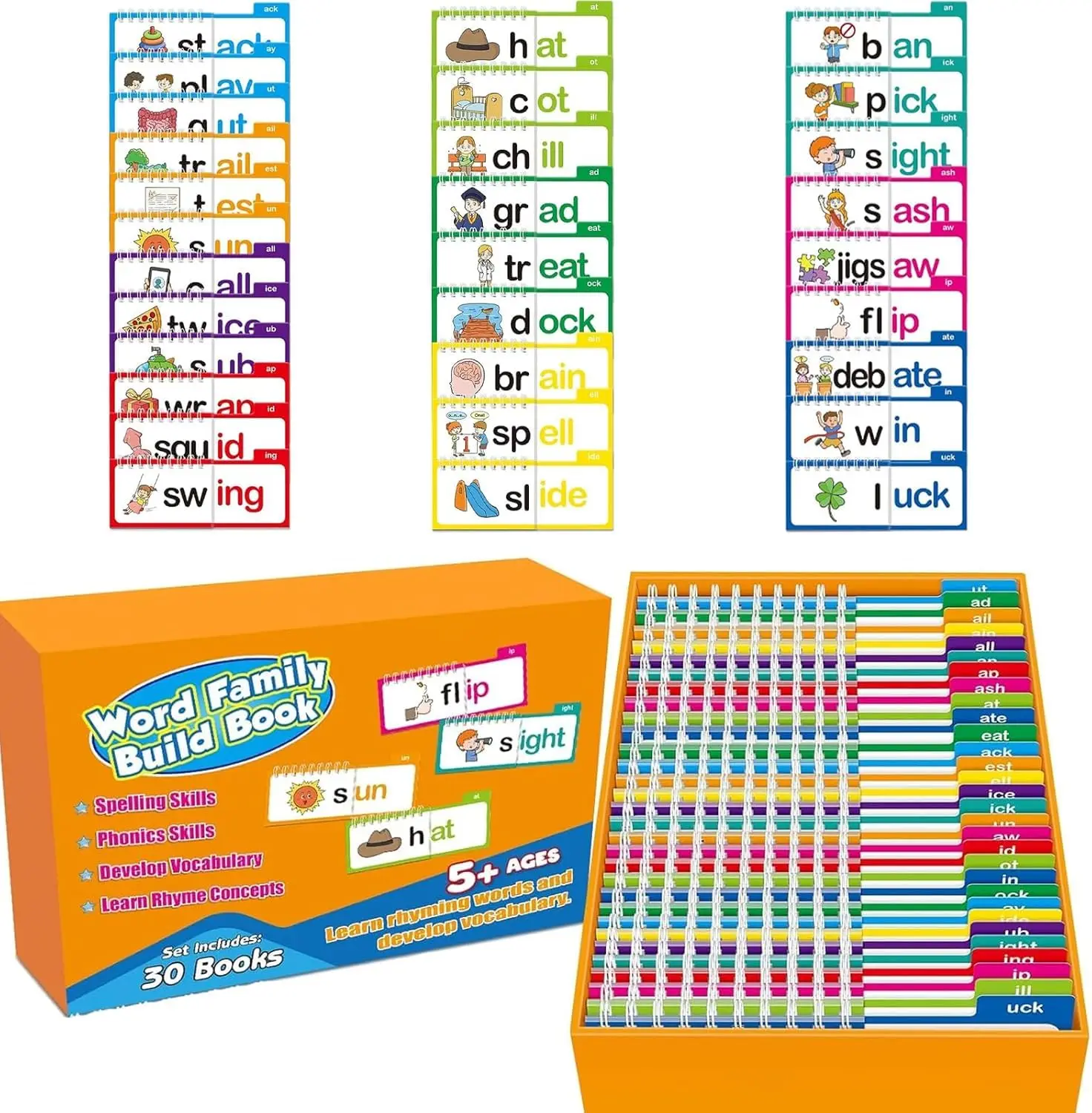 30-Piece Kids Educational Toy Set - Learning Flash Cards, Phonics Books, ABC Alphabet Matching Tools, Word Family Building Kits, Toddler Learning Activities, Gifts for Ages 5+ (Vocabulary Growth, Rhyme Learning, Phonics Boost)