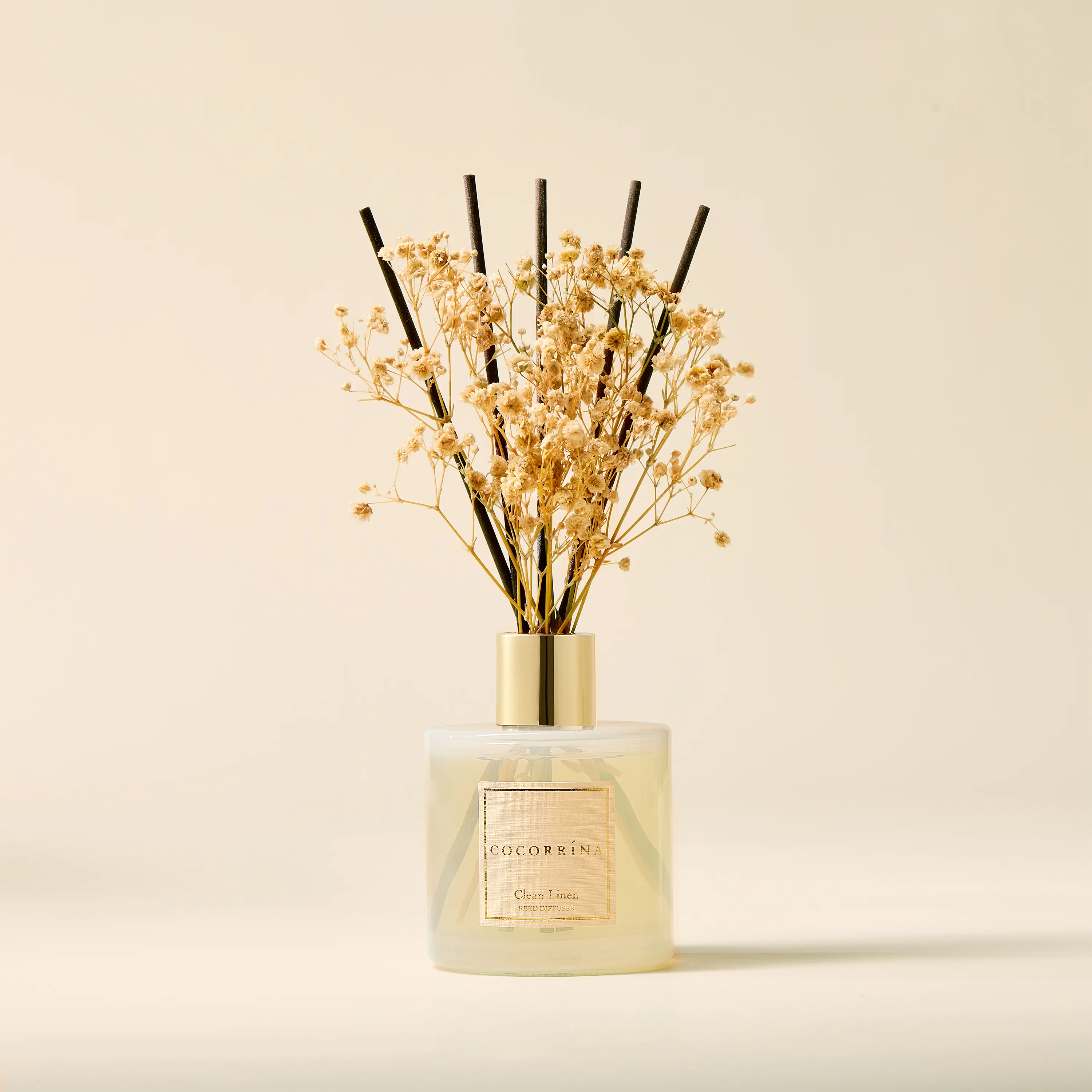 COCORRÍNA Clean Linen Reed Diffuser Set - Long-Lasting Home Scent Aroma Freshener with Dried Flowers for Bedroom, Bathroom Shelf Decor