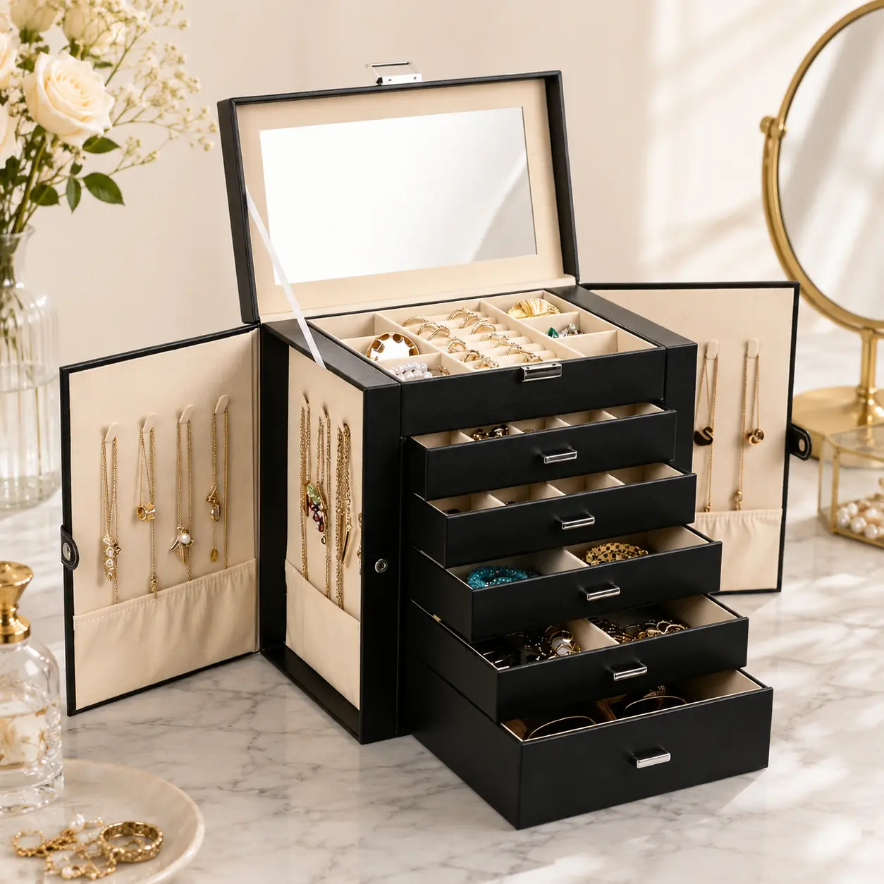 BOOVO 6-Layer Multifunctional Jewelry Organizer Box, Large Capacity Storage Organization Case with Mirror, Lockable PU Leather Jewelry Box with Velvet Tarnish-Resistant Lining and Double-Sided Door Storage, Room Storage Solution, Gift for Women