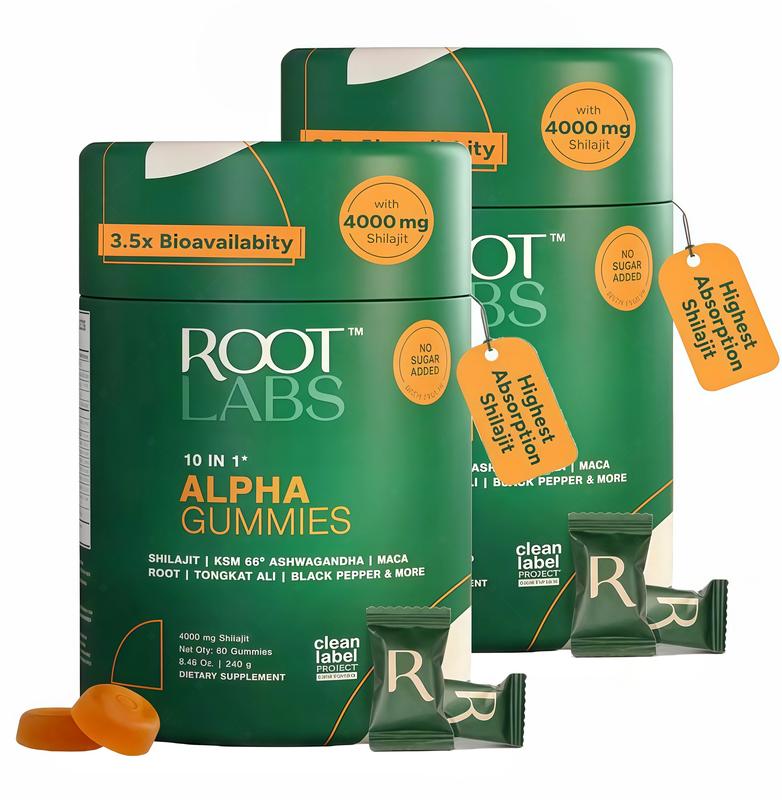 Root Labs Alpha 10-in-1 Shilaiit Gummies 4000 mg  Holiday Gift FQ-Ready Energy Stamina & Focus Zero Sugar KSM-66Ashwagandha,Tongkat Ali,Maca Vegan 60 Count