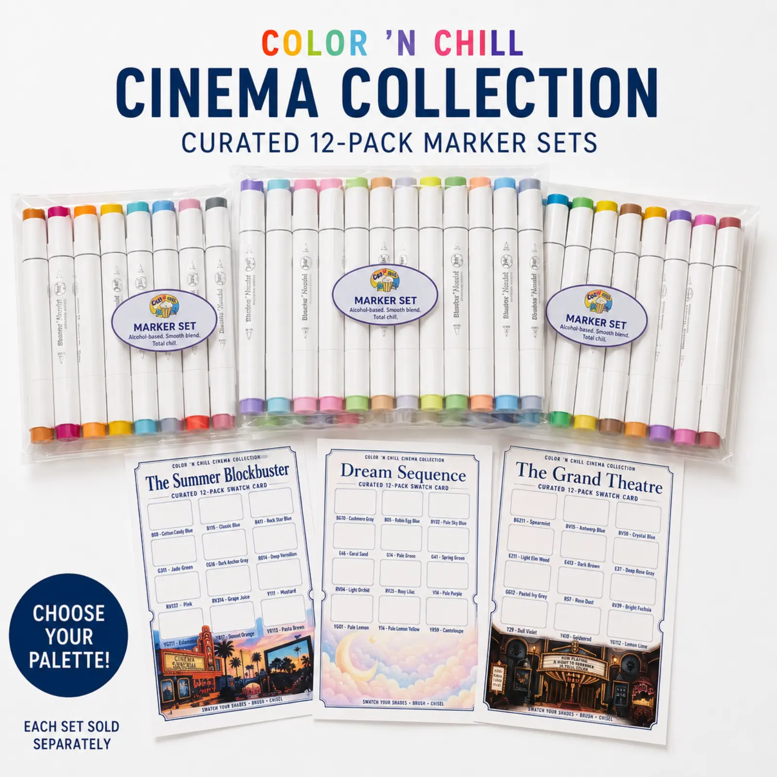 Color ’n Chill Cinema Collection Curated 12-Marker Set – Ohuhu Honolulu Alcohol Markers + Exclusive Swatch Card