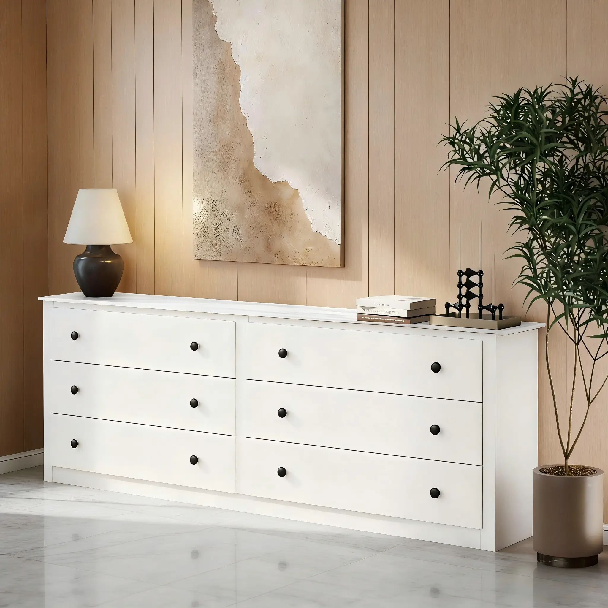 59 Inch Wood Dresser with 6 Drawers, Vintage Storage Cabinet for Bedroom Living Room, Large Capacity Chest of Drawers for Small Space