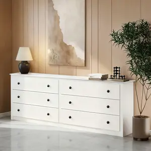 59 Inch Wood Dresser with 6 Drawers, Vintage Storage Cabinet for Bedroom Living Room, Large Capacity Chest of Drawers for Small Space