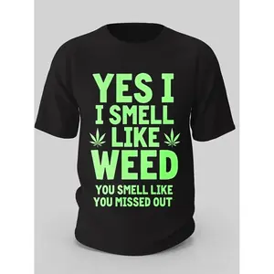 Cotton Yes, I Smell Like Weed 21 Cotton Men's Graphic T-Shirt - Black with Neon Green Leaf Design, Breathable Cotton Crew Neck Tee, Regular Fit Casual Short Sleeve Top for Summer & Year-Round Wear