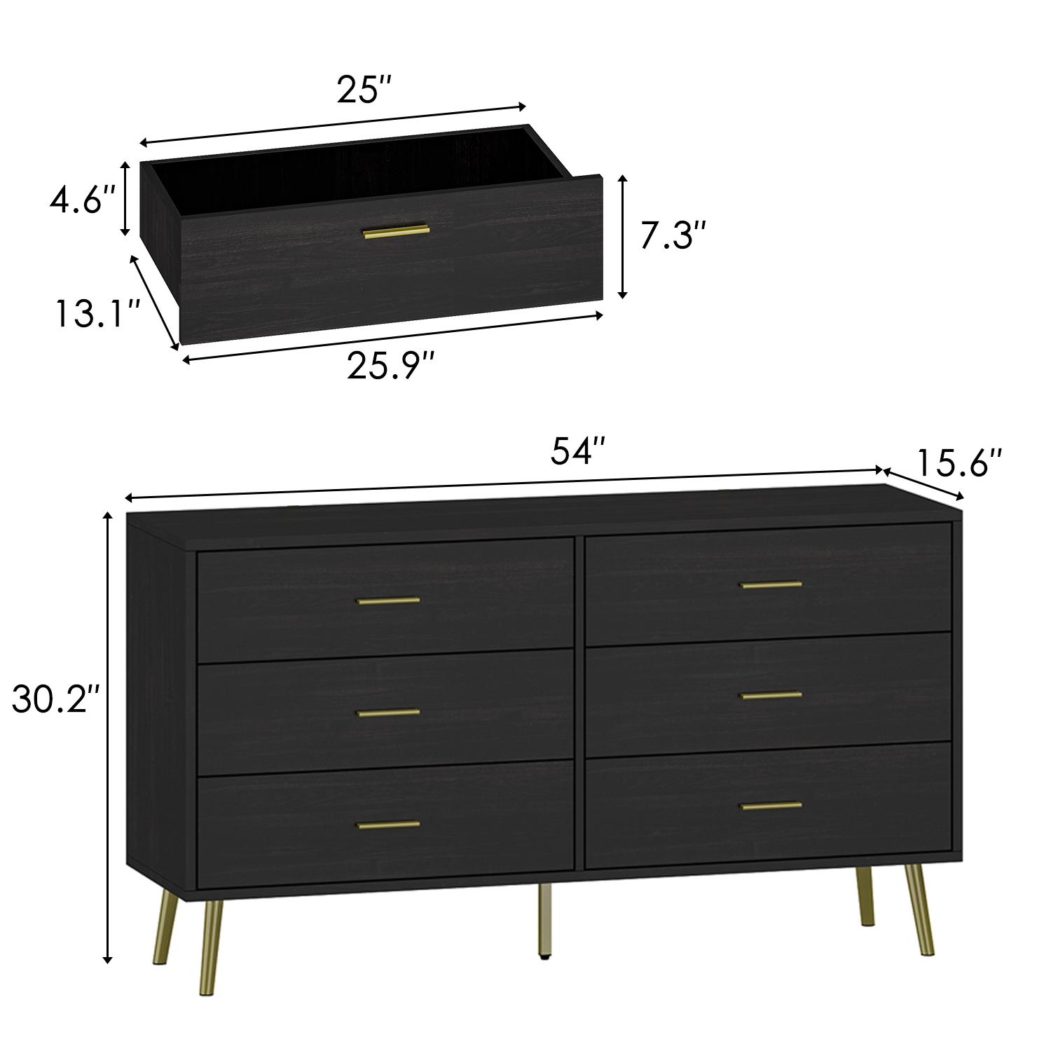 FUFU&GAGA Furniture cabinet 6 Drawer 54'' W Double Dresser Antique Durable Drawer [Black&White]
