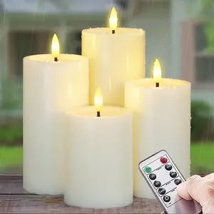 4pcs Flameless Waterproof Candles with Handy Remote Control & Timer, Battery Operated Candle Grease Effect LED Flickering Pillar Plastic for outdoor Decor (Ivory, 3" x4" 5" 6" 7")